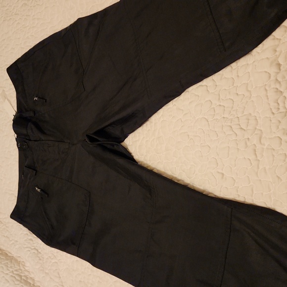 Satin look black cargo pants front & back pockets, zipper & elastic at ankles - Picture 6 of 7